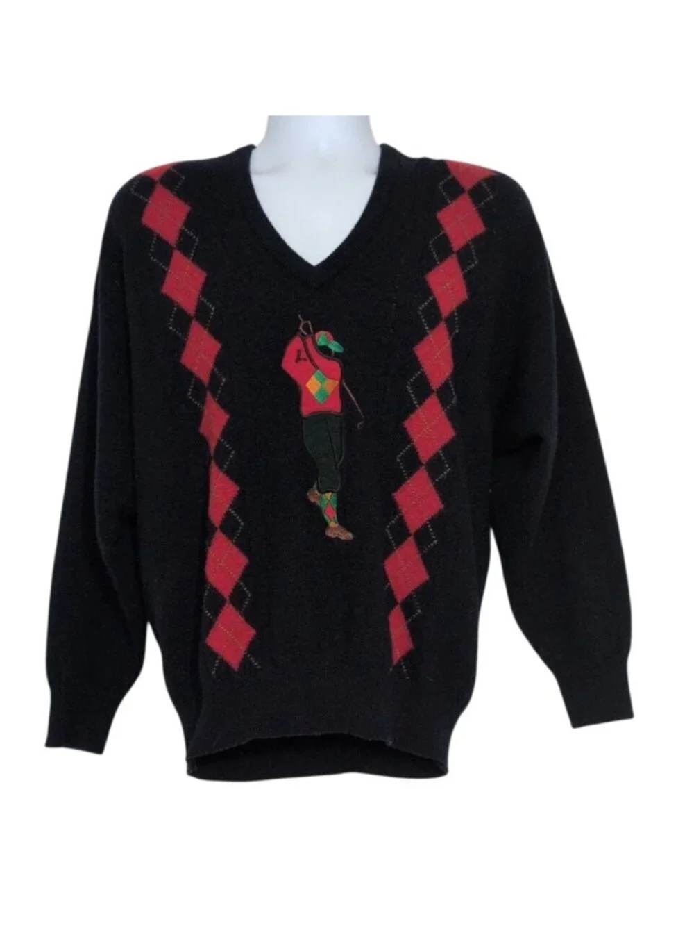 Jaeger Embroidered Golfer Sweater Mens Size Large Blue Argyle Lambswool Scottish